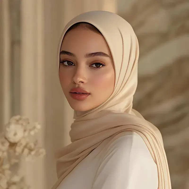 Wanita tersenyum bertudung krim